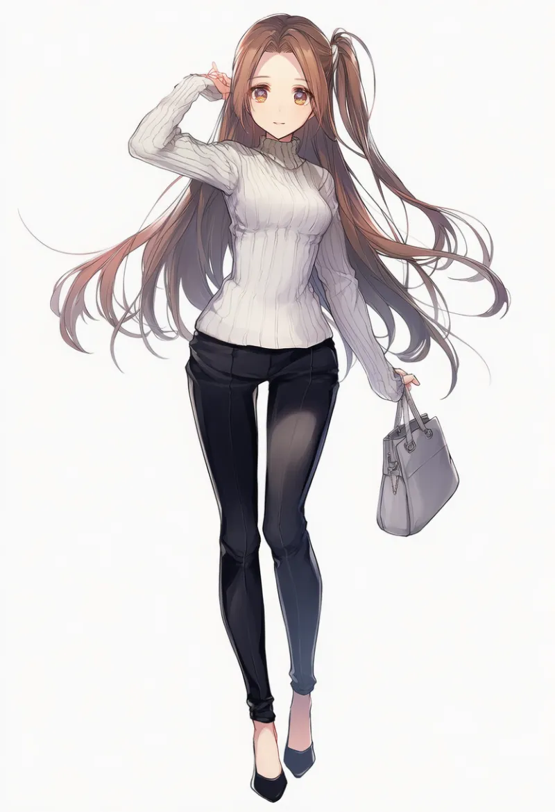 NovelAI生成：白のリブタートルニット × 黒のスラックス（普通の服コーデ）のAIイラスト｜プロンプト紹介用