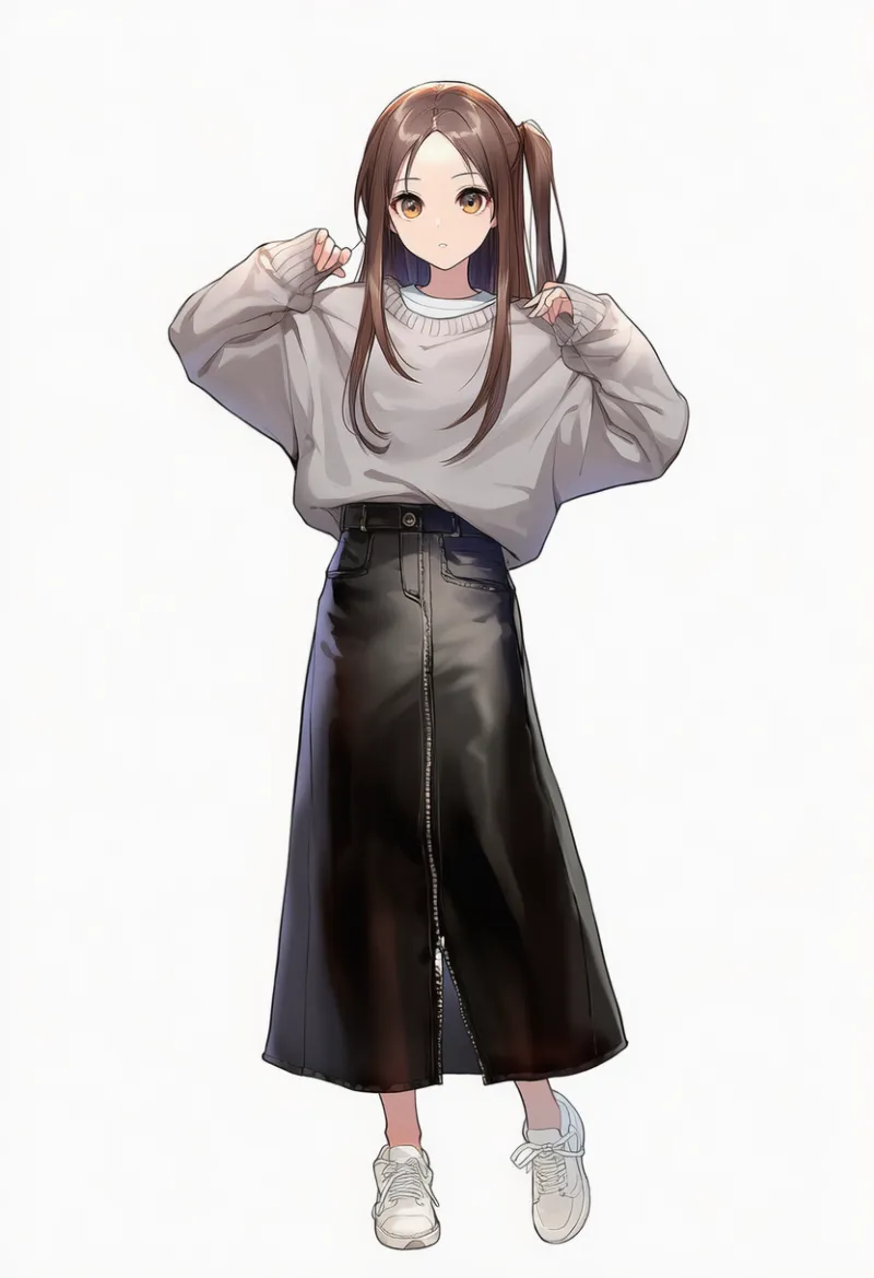 NovelAI生成：グレーのオーバーサイズニット × 黒のレザースカート（普通の服コーデ）のAIイラスト｜プロンプト紹介用