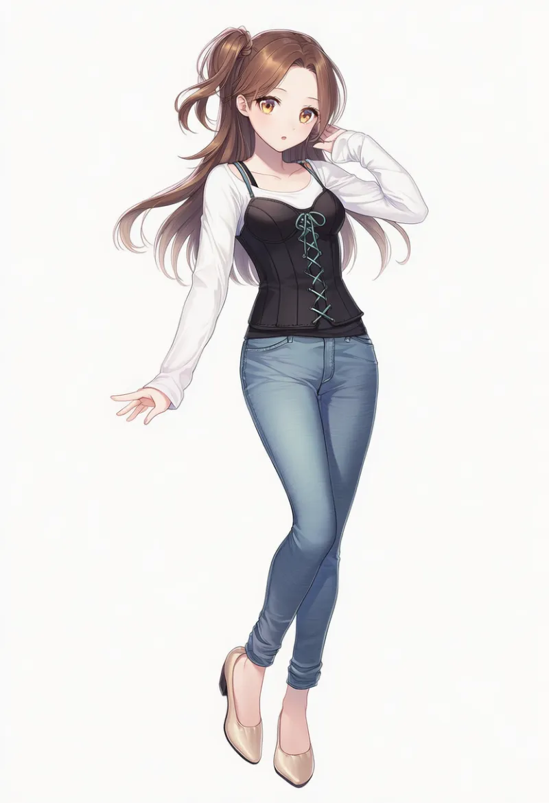 NovelAI生成：白のロンT × ビスチェ（キャミソール重ね着） × ストレートジーンズ（普通の服コーデ）のAIイラスト｜プロンプト紹介用