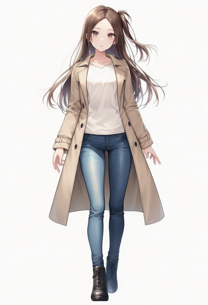 NovelAI生成：白のボートネックカットソー × テーパードデニム × トレンチコート（普通の服コーデ）のAIイラスト｜プロンプト紹介用