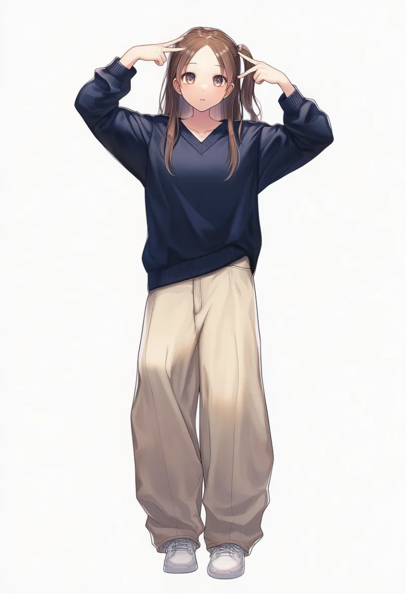 NovelAI生成：ネイビーのVネックニット × ベージュのチノワイドパンツ（普通の服コーデ）のAIイラスト｜プロンプト紹介用