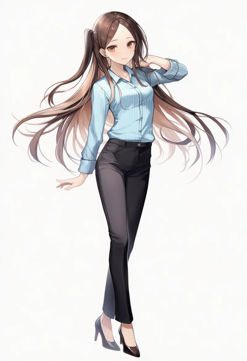 NovelAI生成：ストライプ柄のシャツ × 黒のスリムパンツ（普通の服コーデ）のAIイラスト｜プロンプト紹介用