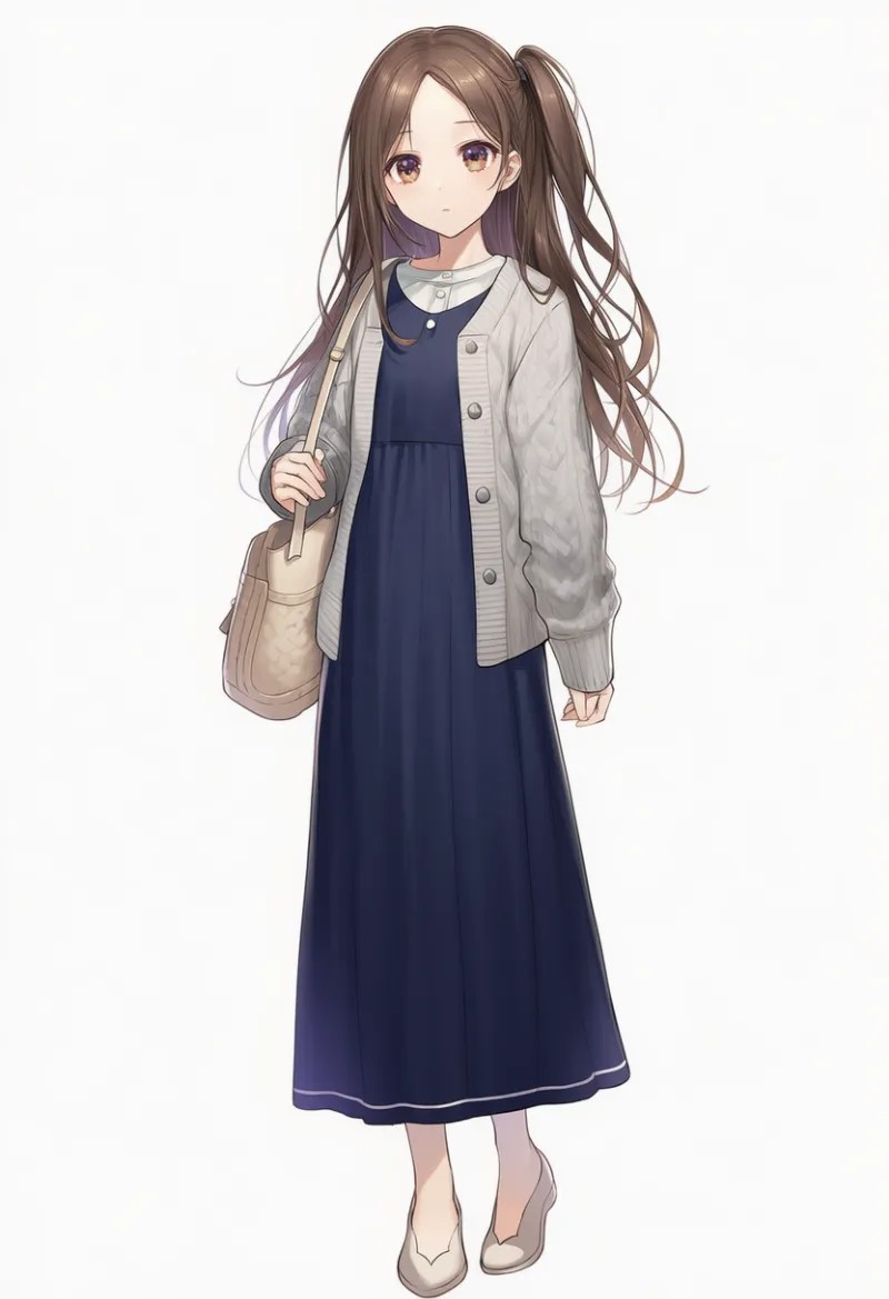NovelAI生成：無地ワンピース × ロングカーディガン（普通の服コーデ）のAIイラスト｜プロンプト紹介用