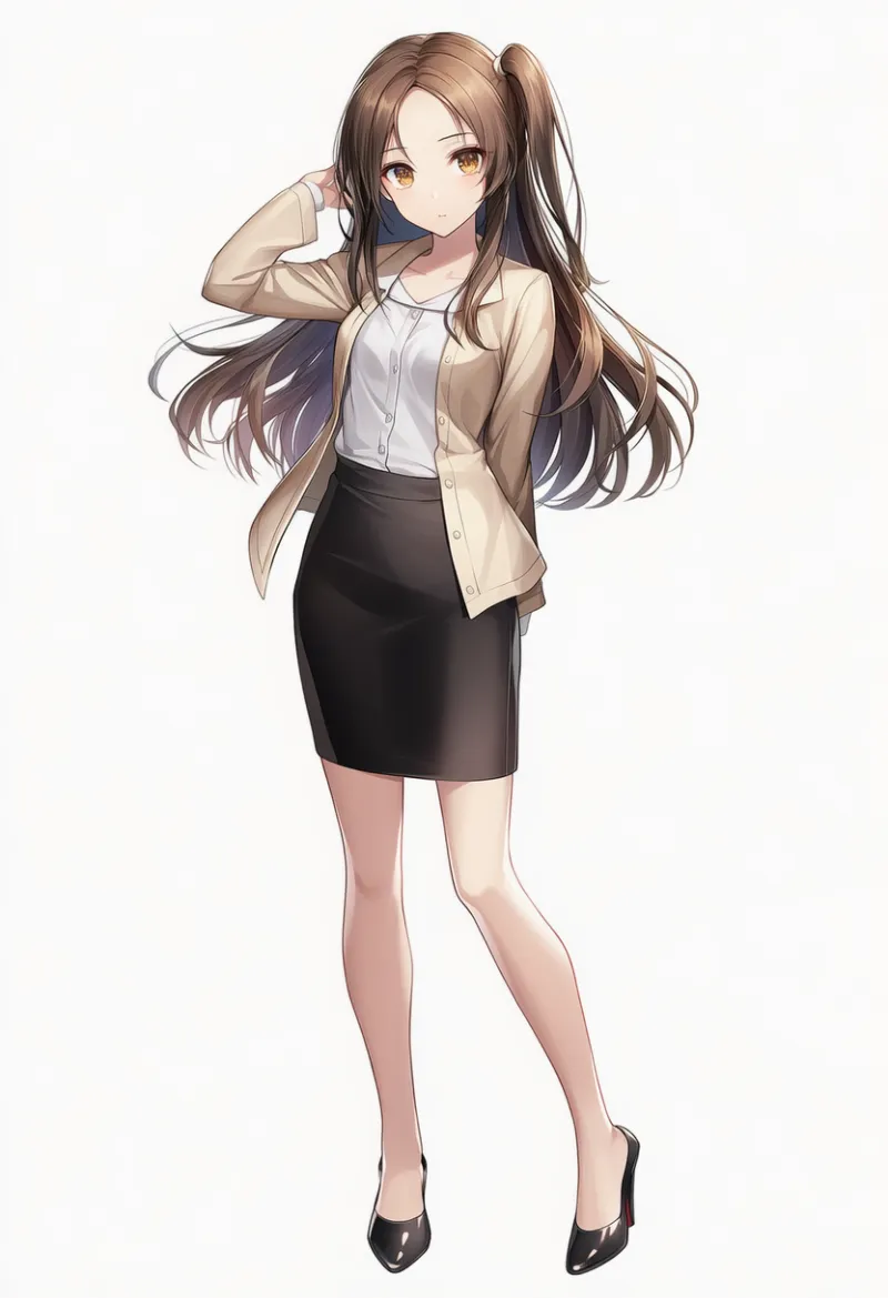 NovelAI生成：ノーカラージャケット（襟なし） × 白インナー × タイトスカート（普通の服コーデ）のAIイラスト｜プロンプト紹介用