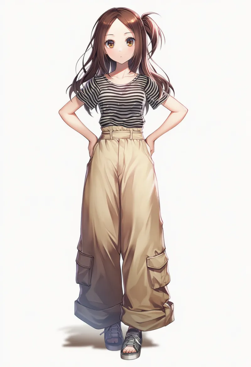 NovelAI生成：ボーダーTシャツ × カーキのワイドパンツ（普通の服コーデ）のAIイラスト｜プロンプト紹介用