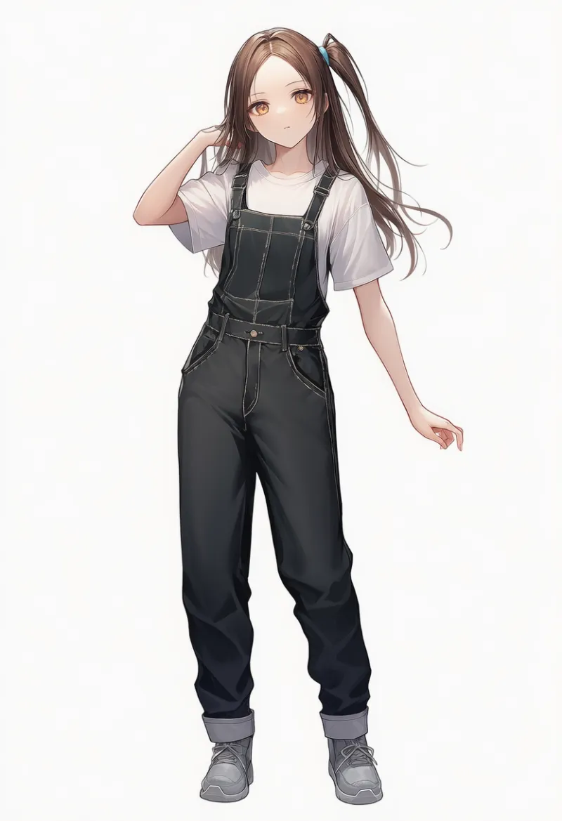 NovelAI生成：ビッグTシャツ × ロングのサロペット（オーバーオール）（普通の服コーデ）のAIイラスト｜プロンプト紹介用