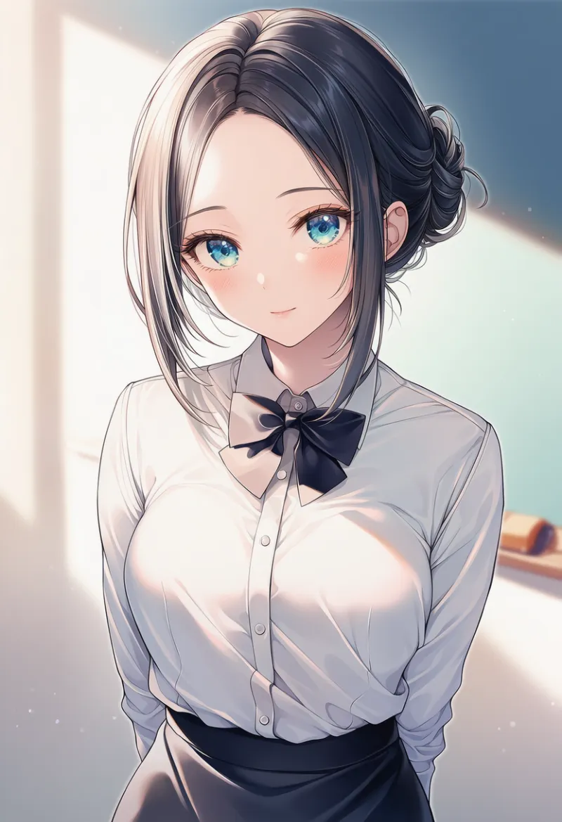 襟付きシャツ＋ボウタイを着用した女教師のAIイラスト｜プロンプト紹介