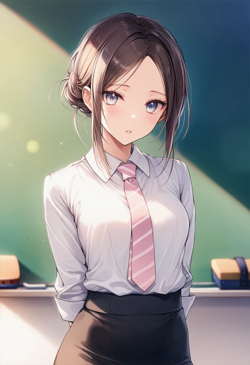 襟付きシャツ＋ネクタイを着用した女教師のAIイラスト｜プロンプト紹介