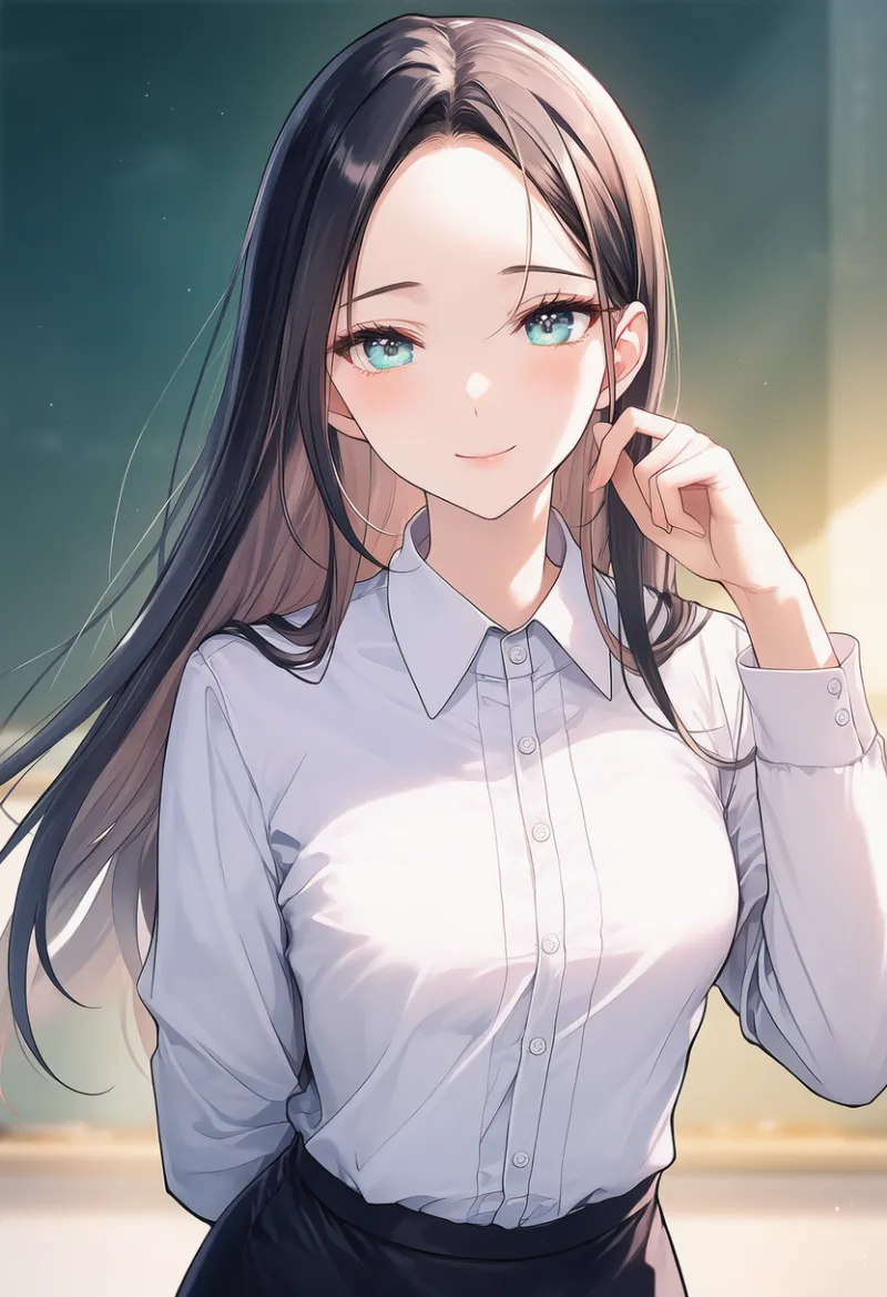 襟付きシャツを着用した女教師のAIイラスト｜プロンプト紹介