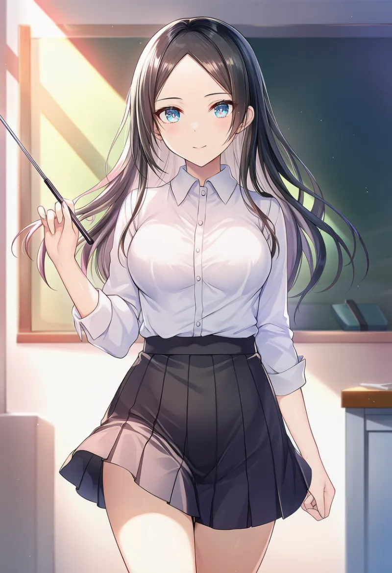 襟付きシャツ＋プリーツミニスカートを着用した女教師のAIイラスト｜プロンプト紹介