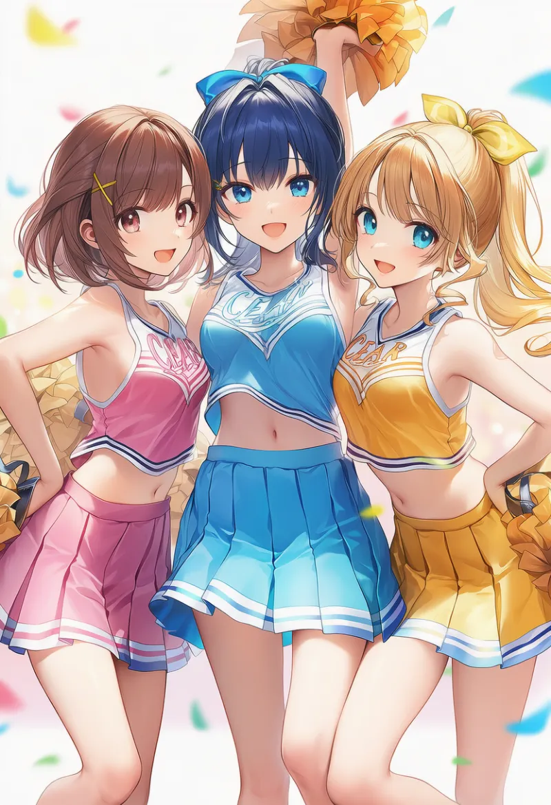 色味を揃えたチアリーダー衣装を着た3人組美少女のAIイラスト