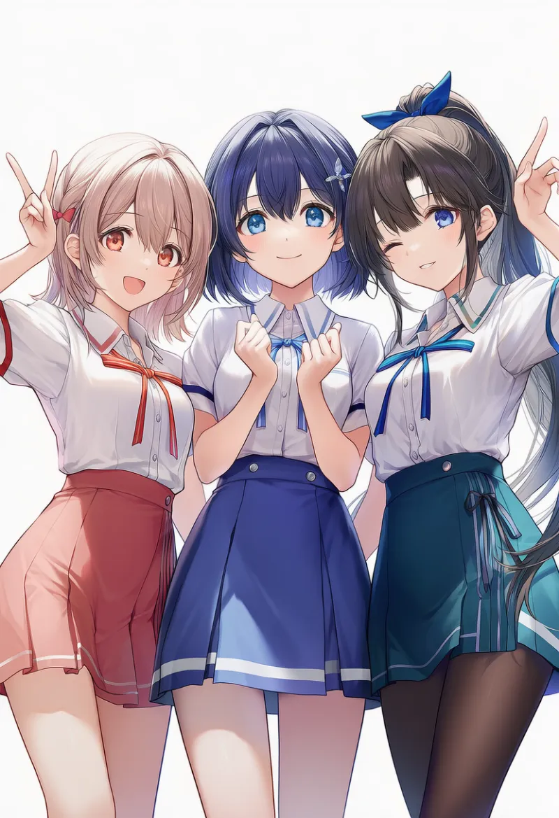 色味を揃えたシャツとプリーツミニスカートを着た3人組美少女のAIイラスト