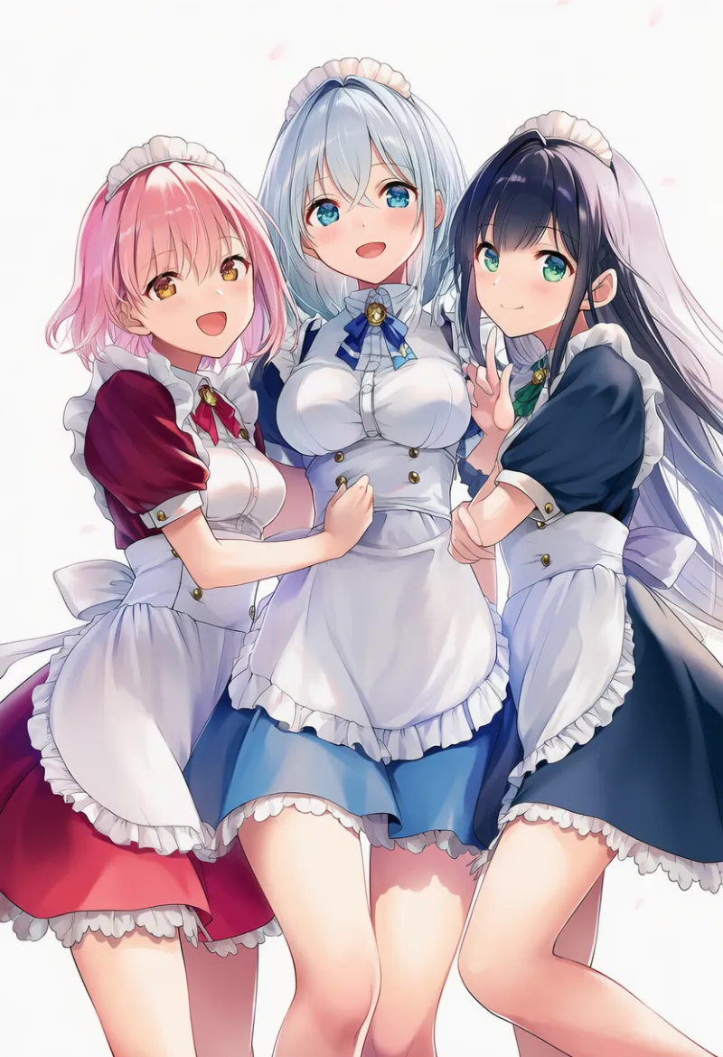 色味を揃えたメイド服を着た3人組美少女のAIイラスト