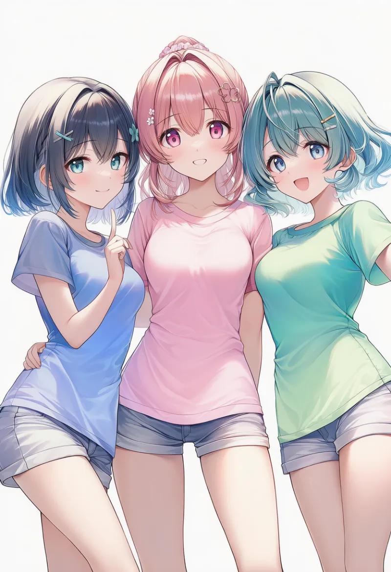 色味を揃えたTシャツとショートパンツを着た3人組美少女のAIイラスト