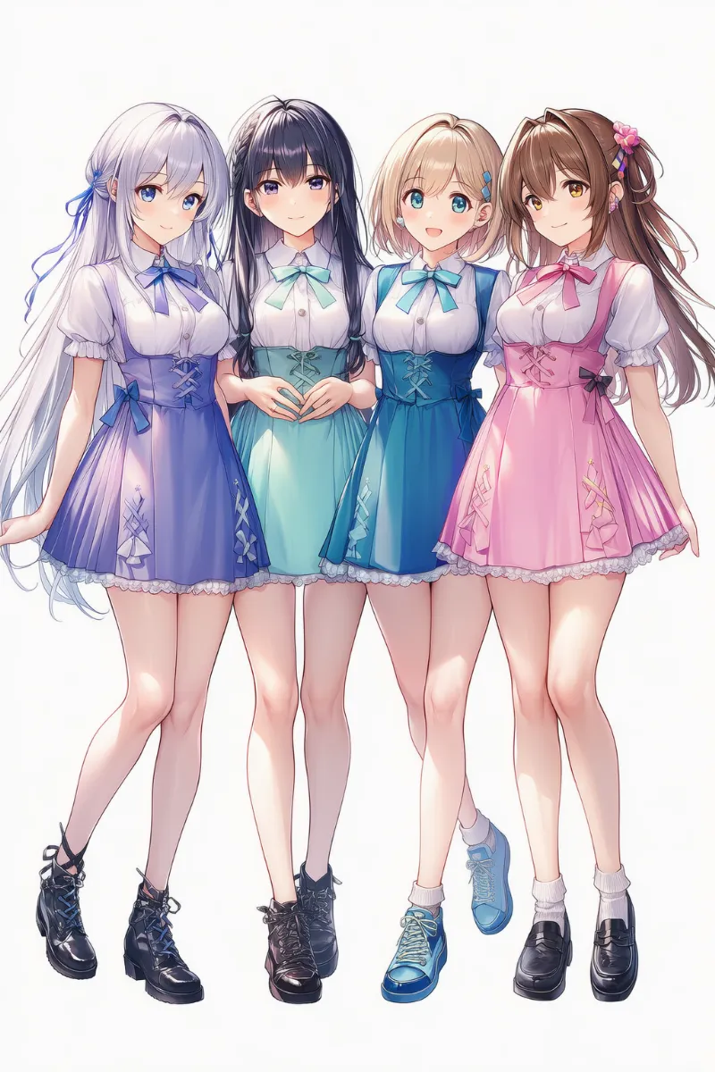 4人で衣装の色味を揃えた状態のAIイラスト|プロンプト紹介:color coordination