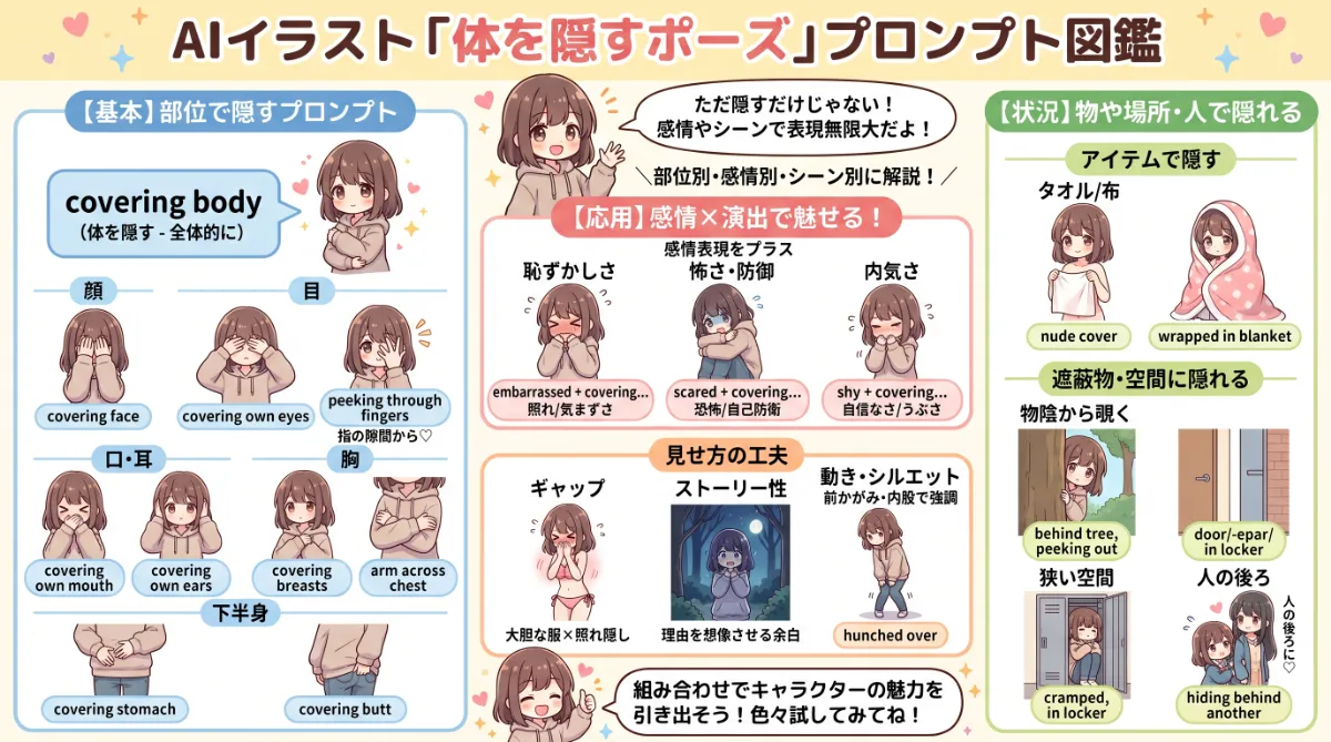 体を隠すポーズ・隠れるポーズのプロンプト集【AIイラスト】のまとめ用の図解イラスト（グラレコ）