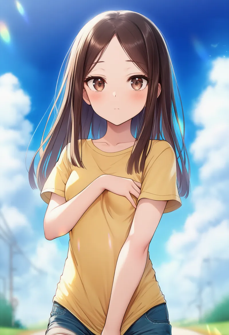 体を隠すポーズを再現したAIイラスト（夏の青空で爽やかなTシャツ・デニムのショートパンツ姿）｜プロンプト紹介：covering body