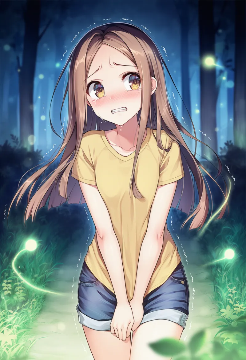 夏休みの肝試しで、怖がりながら体を隠す（防御反応）仕草を再現したAIイラスト｜プロンプト紹介用
