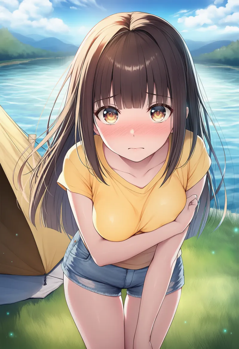 内気な性格を表すように前屈みで体を隠すポーズをとるキャラクターのAIイラスト（川の見えるキャンプ会場）｜プロンプト紹介用