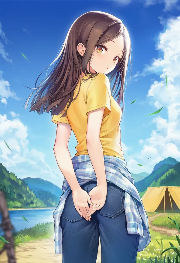 お尻を隠す仕草のAIイラスト（キャンプ場：Tシャツとジーンズ姿、腰にチェック柄シャツを巻いている）｜プロンプト紹介用