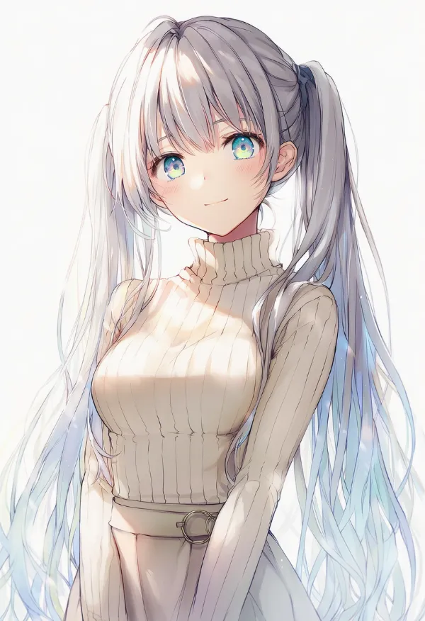 リブ編みセーターのAIイラスト（淡色コーデ用）
