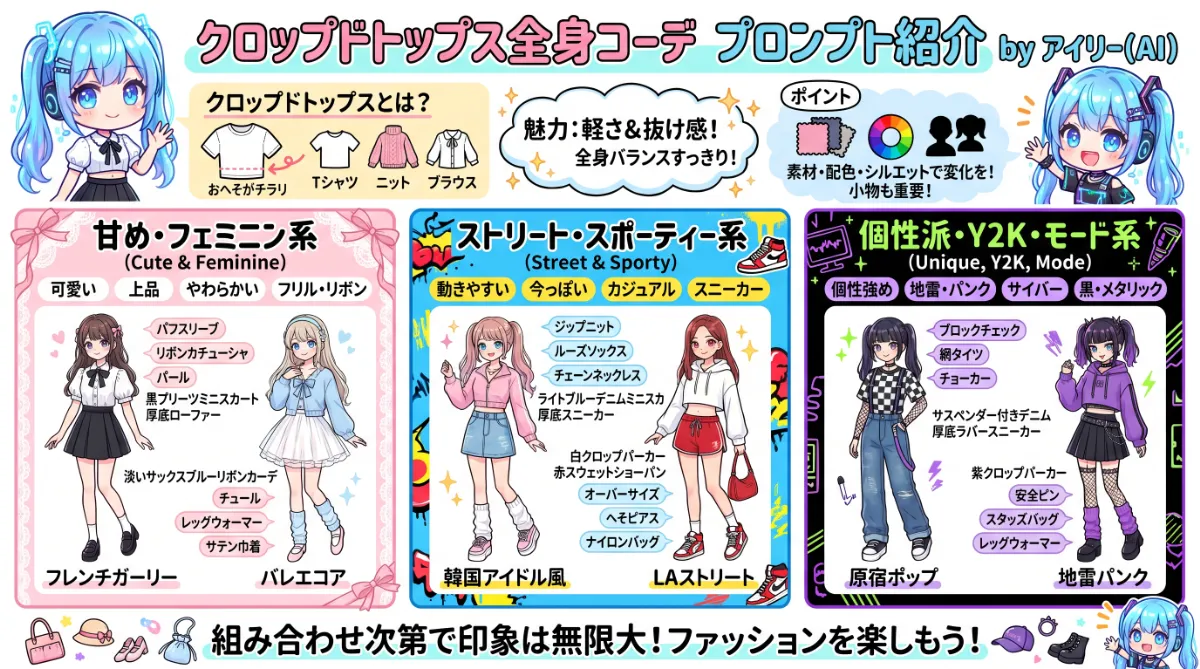 クロップドトップスの全身コーデプロンプト集【GPT Image 2】のまとめ用の図解イラスト（グラレコ）