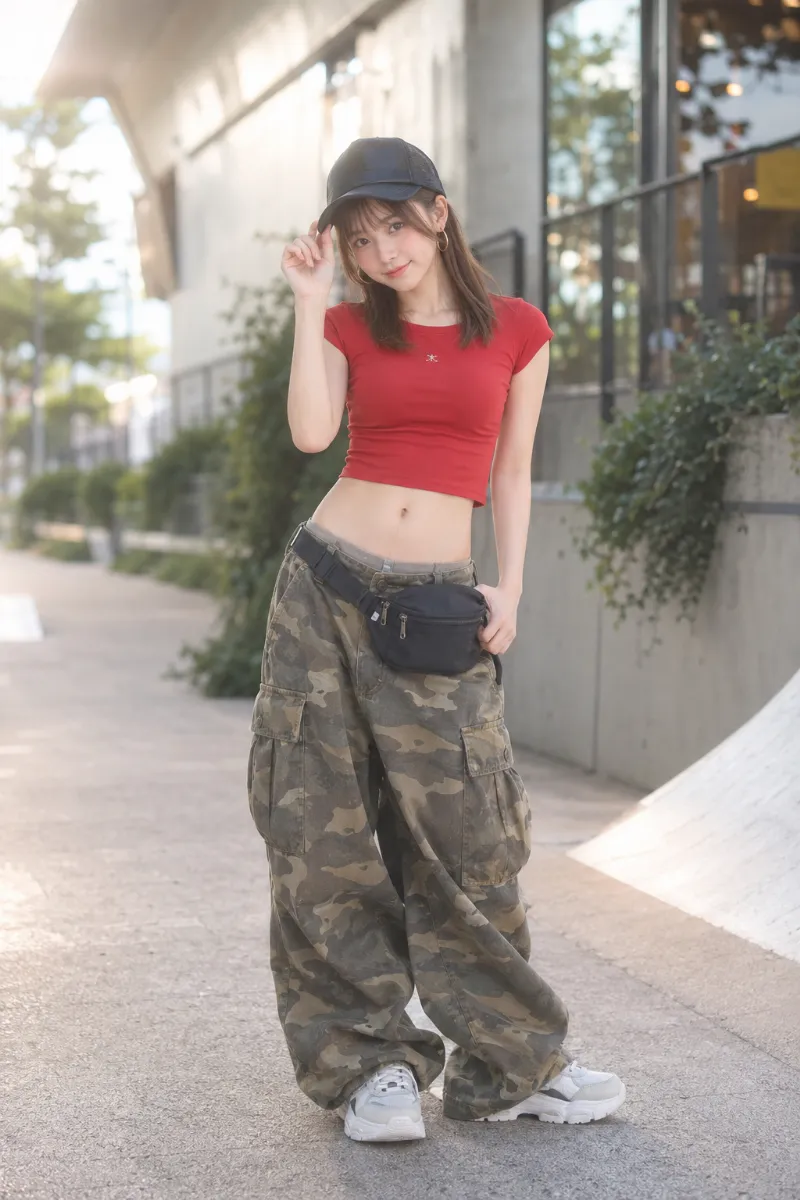 実写AI美女版｜赤のクロップTシャツとカーキ迷彩カーゴパンツの海外ガール風アメカジコーデ