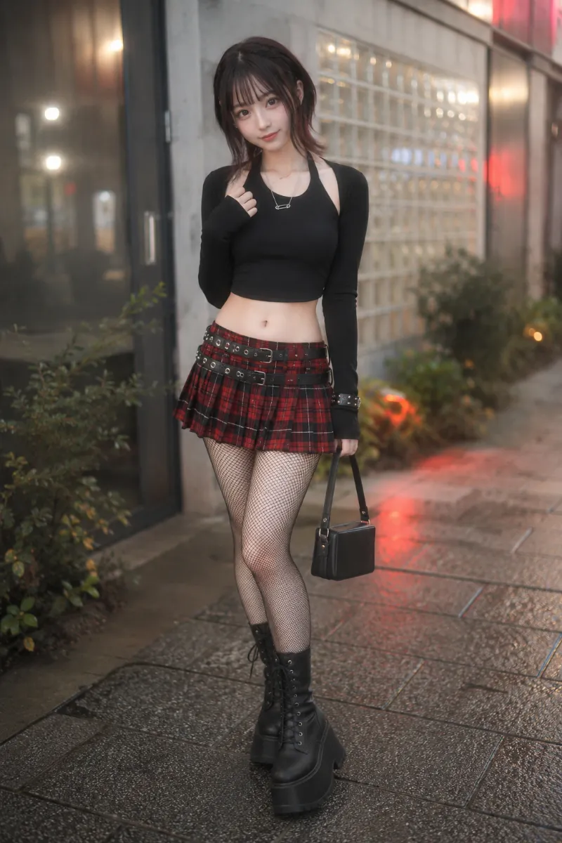 実写AI美女版｜黒ホルターキャミと黒ボレロ、赤黒チェックミニスカートの平成レトロコーデ