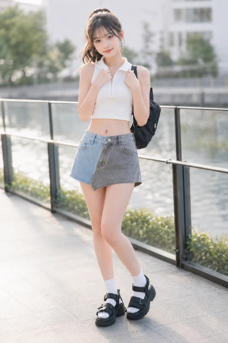 実写AI美女版｜白のクロップポロシャツとツートンデニムショートパンツのY2Kストリートコーデ