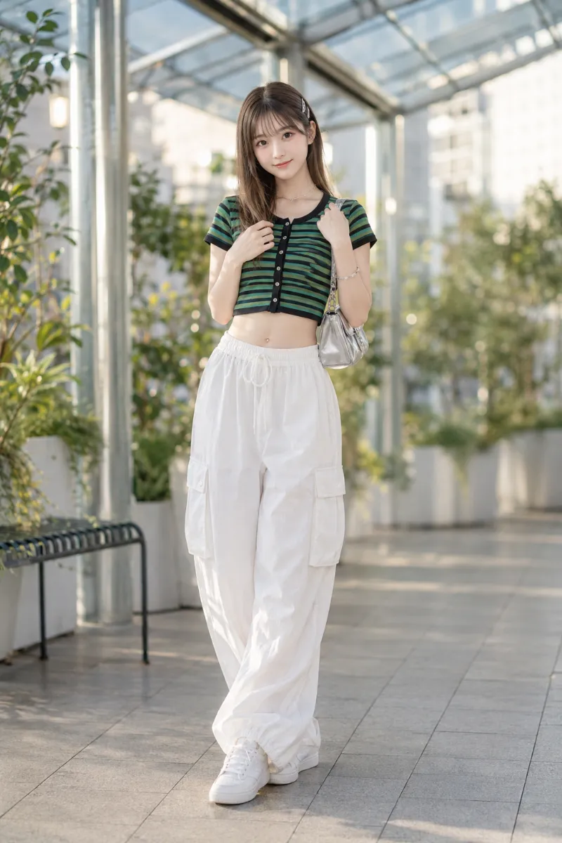 実写AI美女版｜グリーンと黒のボーダークロップTシャツと白カーゴパンツのヘルシーカジュアルコーデ