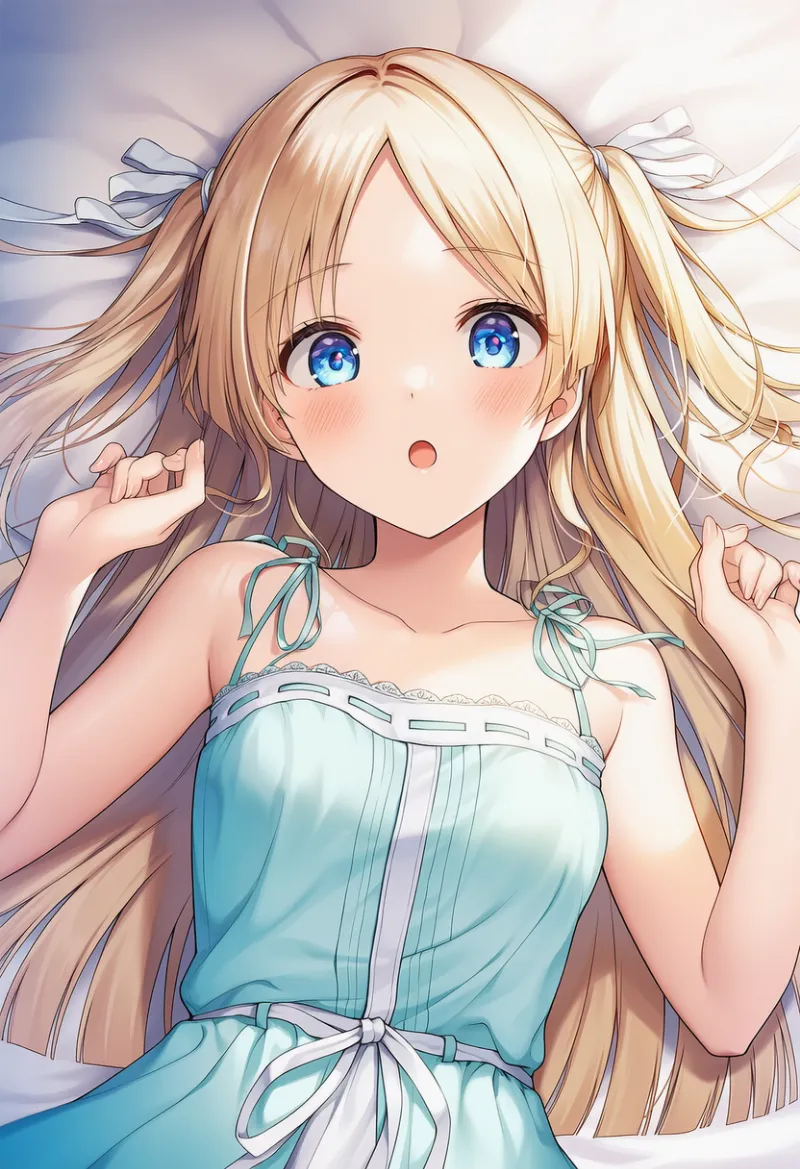 仰向けで指を丸めてリラックスしている仕草のAIイラスト｜プロンプト紹介用