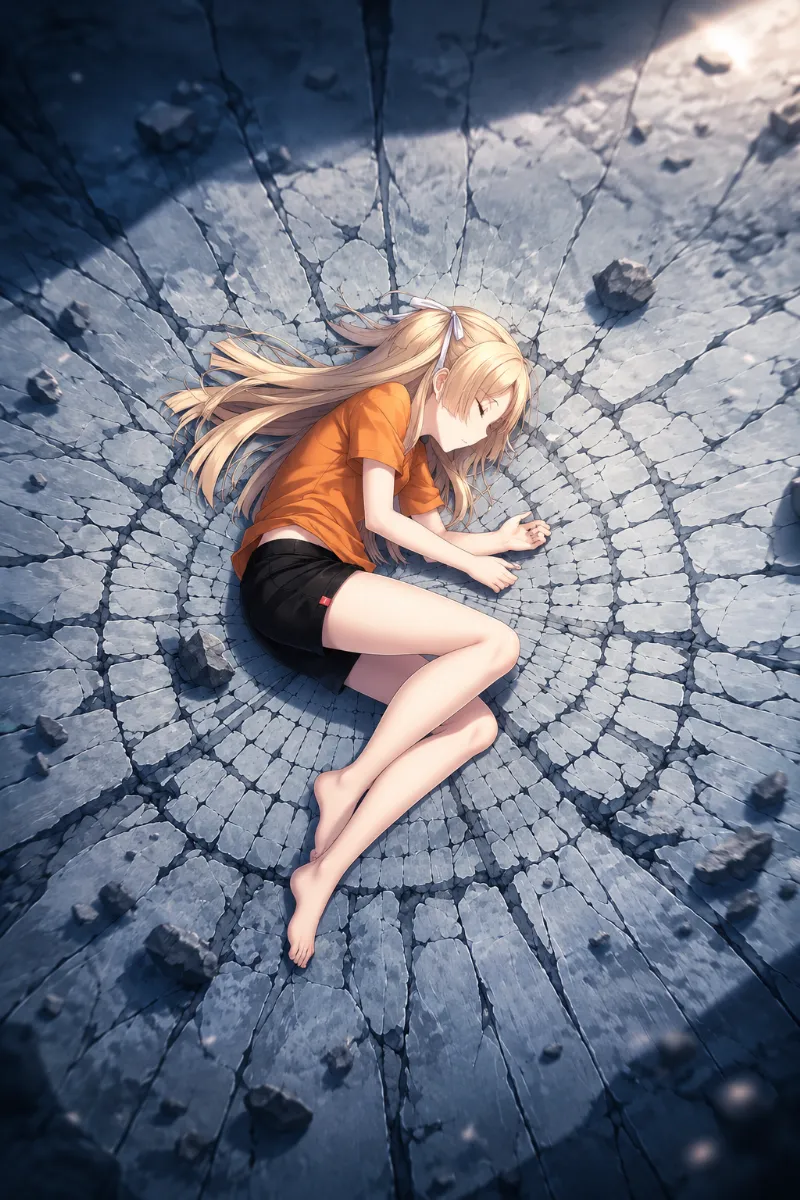 体をまるめて戦場で倒れているキャラクターのアートイラスト
