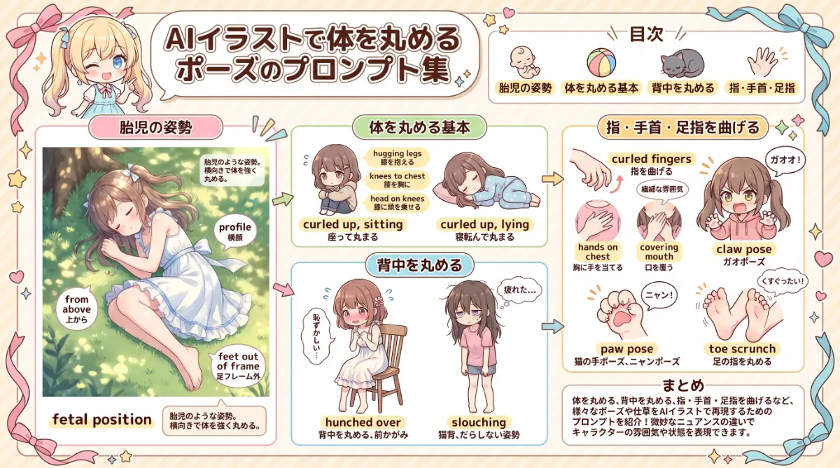 体を丸める（背中・指・つま先等）プロンプト集【NovelAI】のまとめ用の図解イラスト（グラレコ）