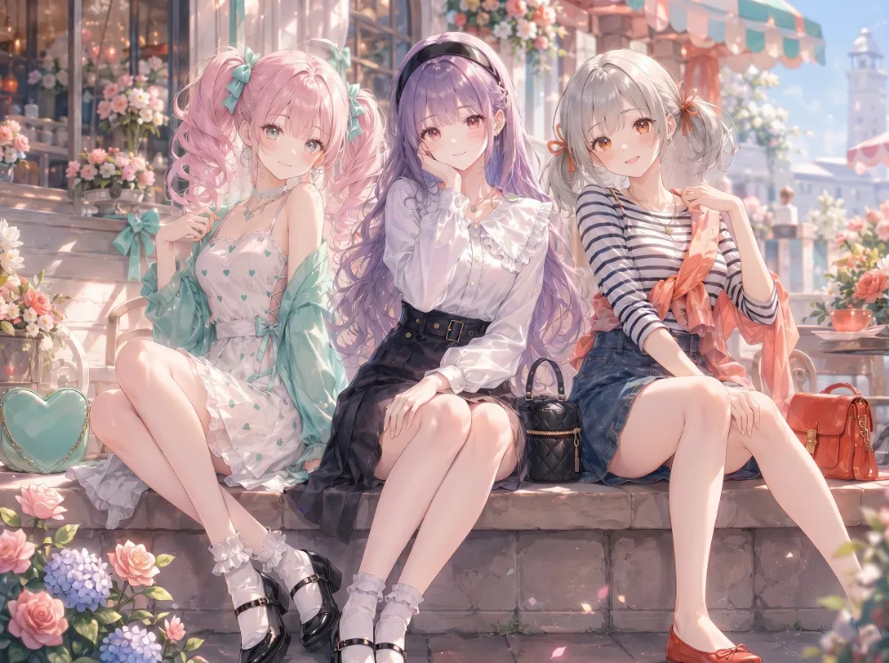 可愛い服のフルコーデの美少女がおしゃれなカフェの前に座ってポーズをとっているAIイラストの作例