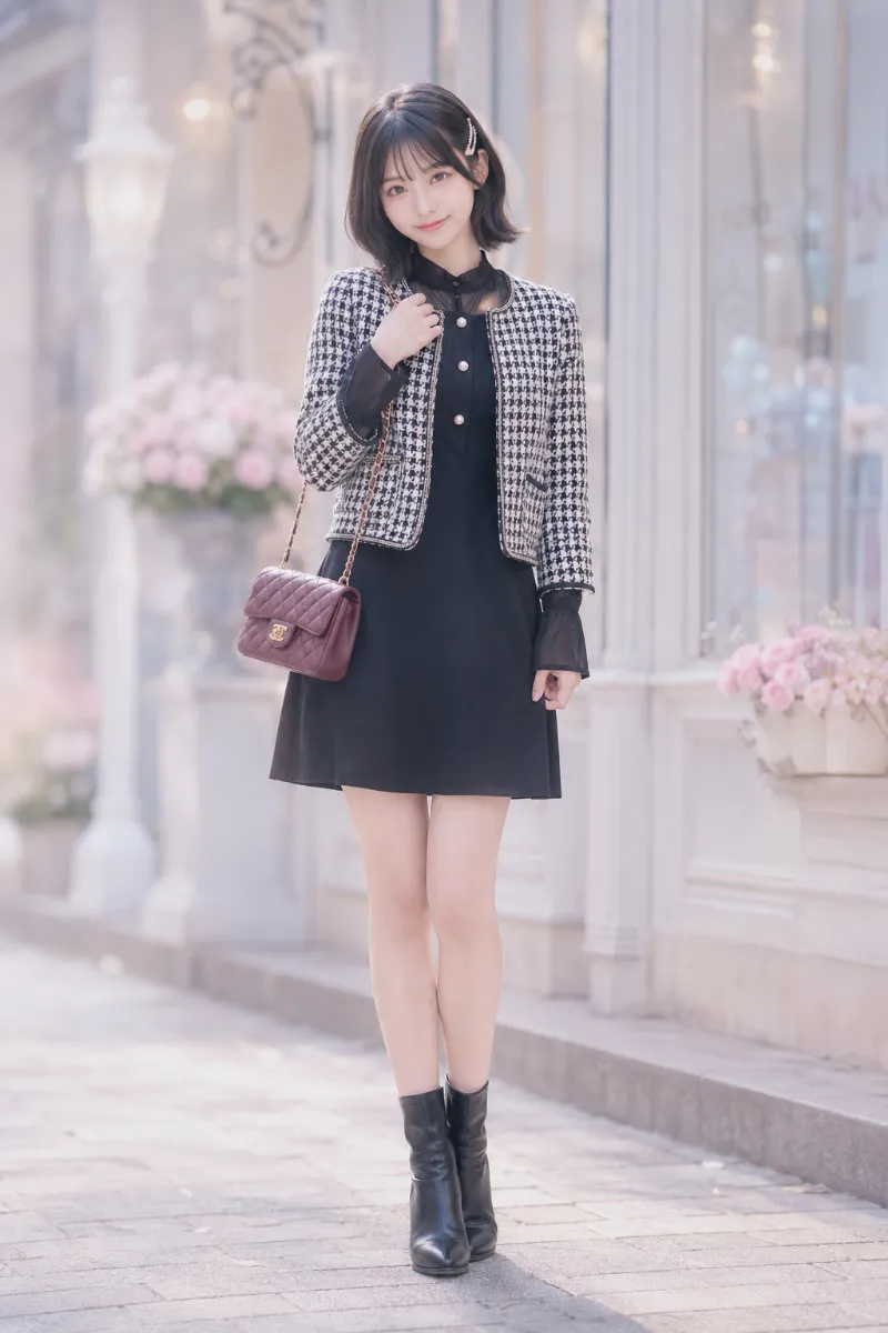 実写AI美女版｜千鳥格子柄ジャケットと黒のIラインワンピースを合わせたクラシカルなレディコーデ