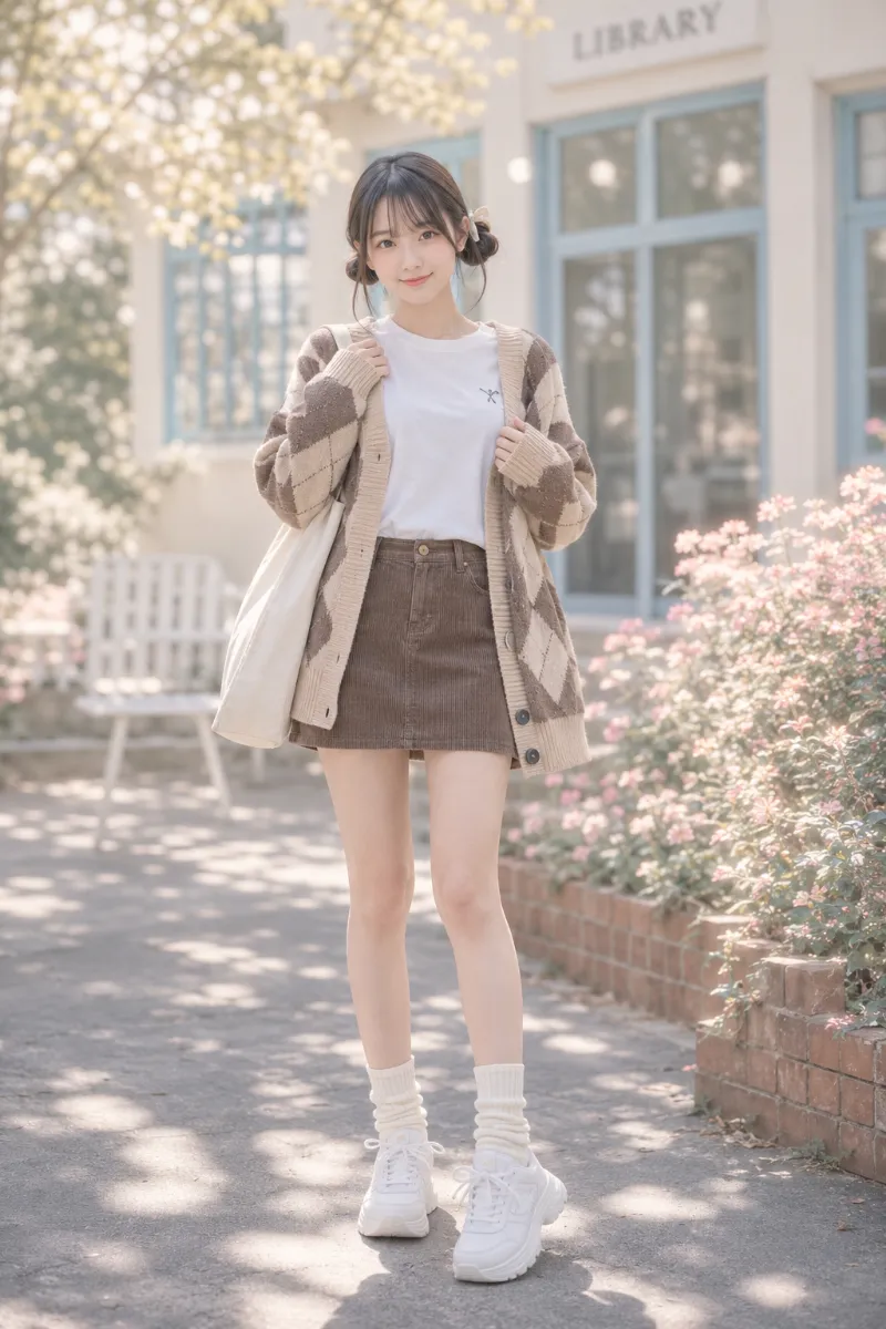 実写AI美女版｜アーガイル柄カーディガンとブラウンの台形ミニスカートを合わせたプレッピーカジュアルコーデ