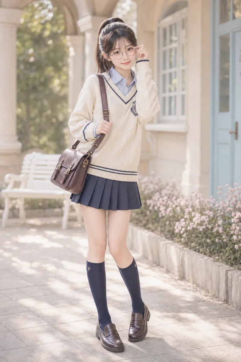 実写AI美女版｜チルデンニットとネイビーのプリーツミニスカートを合わせた英国風スクールガールコーデ