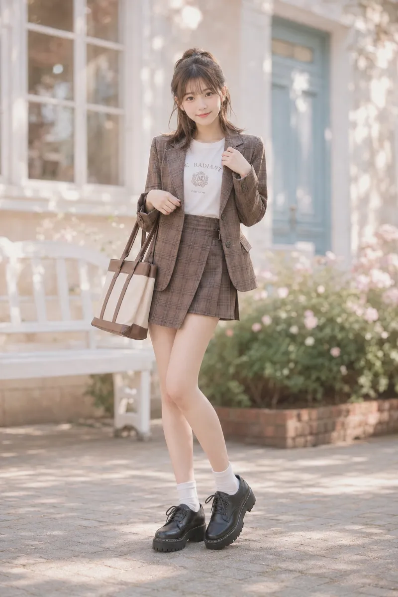 実写AI美女版｜タータンチェック柄ジャケットとラップミニスカートを合わせた制服風セットアップコーデ