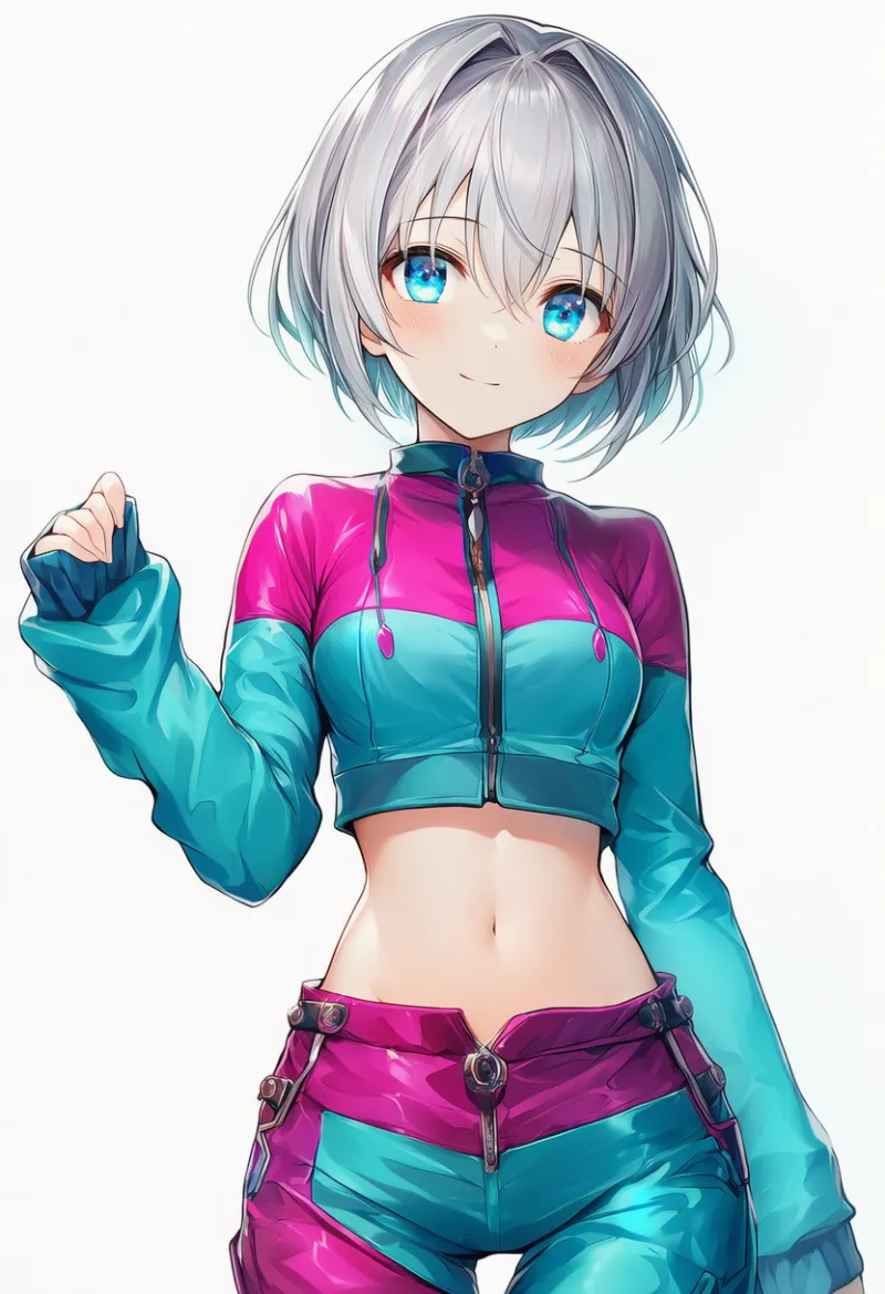 シアン × マゼンタ（レイバーファッション）の2色配色の服のAIイラスト｜プロンプト紹介用