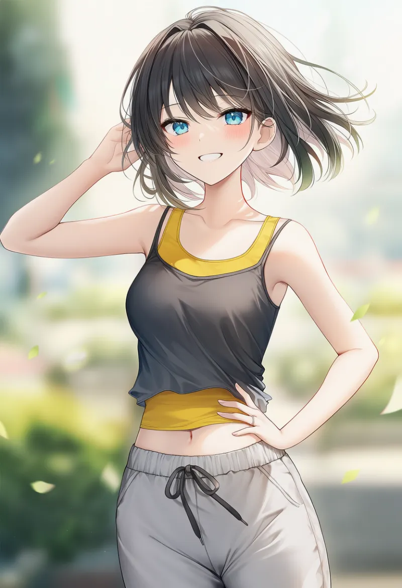 黄色を差し色に使ったスポーティな服装のAIイラスト｜夏服用プロンプト紹介用