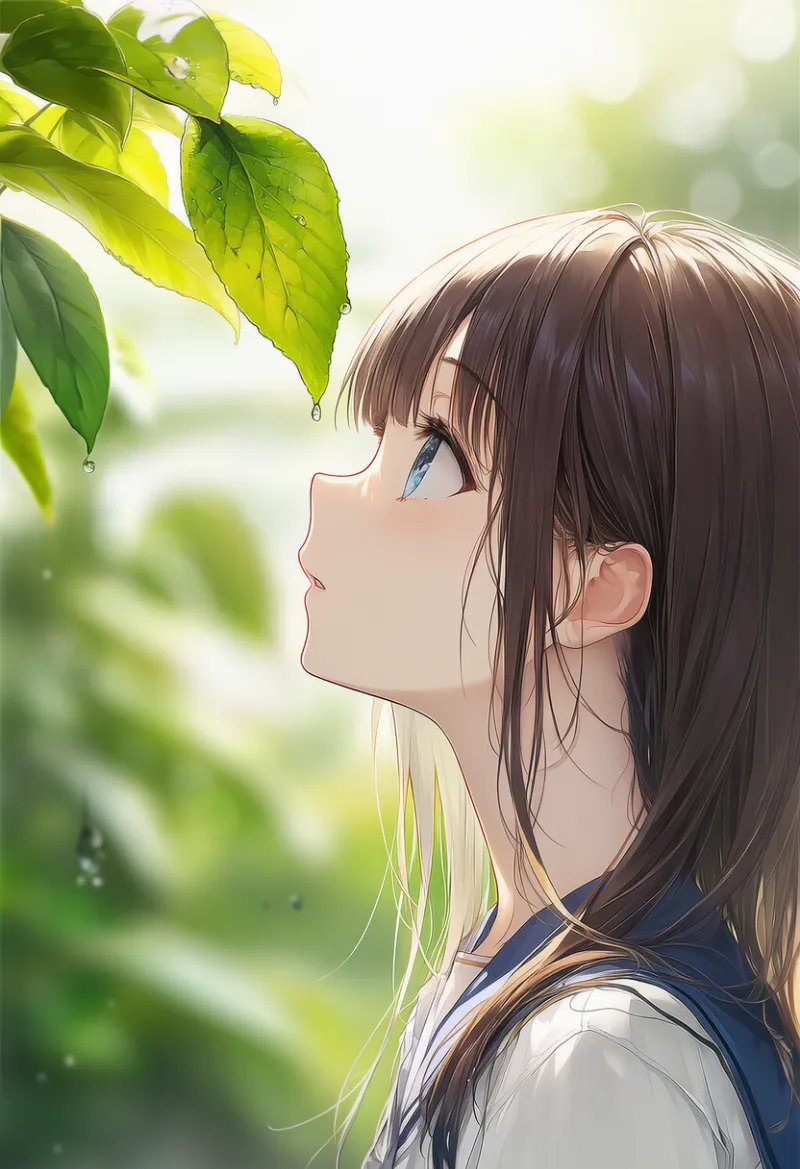 葉に水滴がついているシーンのAIイラスト（梅雨シーズン）｜プロンプト紹介用