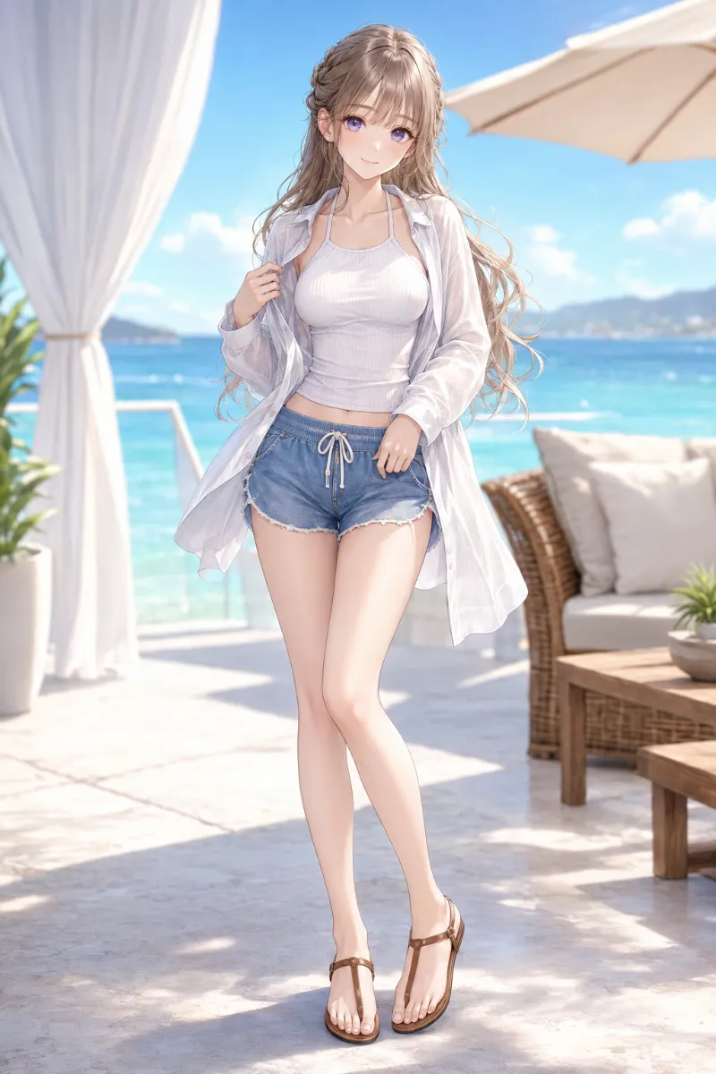 AIイラスト版｜ウォッシュブルーのデニムドルフィンパンツに白タンクトップを合わせた夏の海辺コーデ