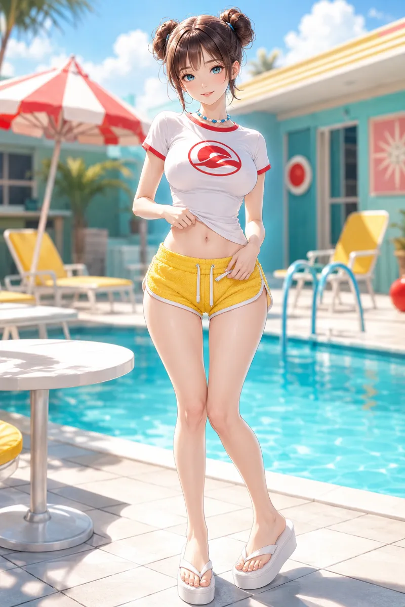 AIイラスト版｜ヴィヴィッドイエローのパイルドルフィンパンツに白のリンガーチビTを合わせたレトロサーフコーデ