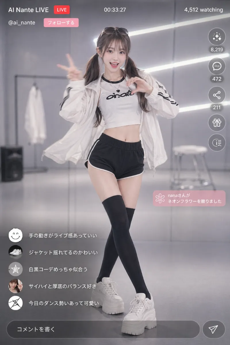 実写AI美女版｜黒のドルフィンパンツに白黒リンガーチビTを合わせたY2Kストリートコーデ