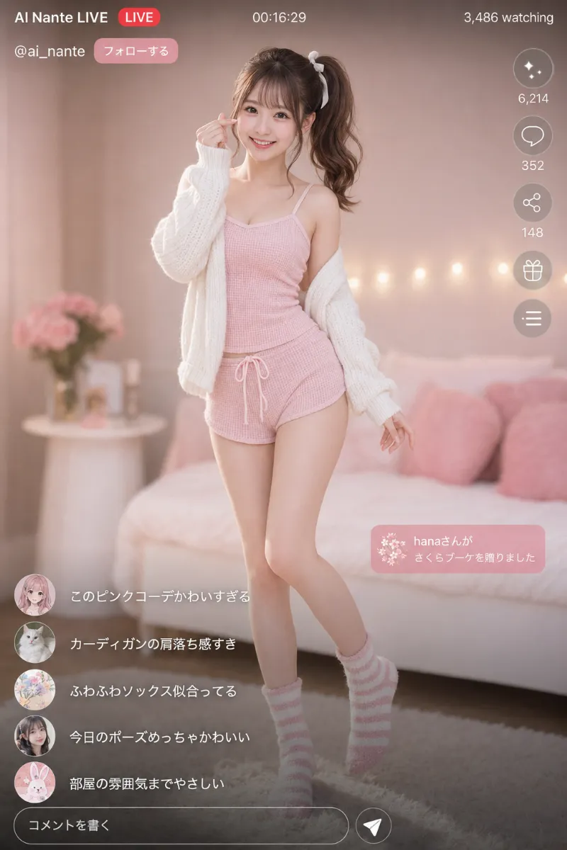 実写AI美女版｜ベビーピンクのワッフルドルフィンパンツとキャミソールを合わせたお泊まり風コーデ