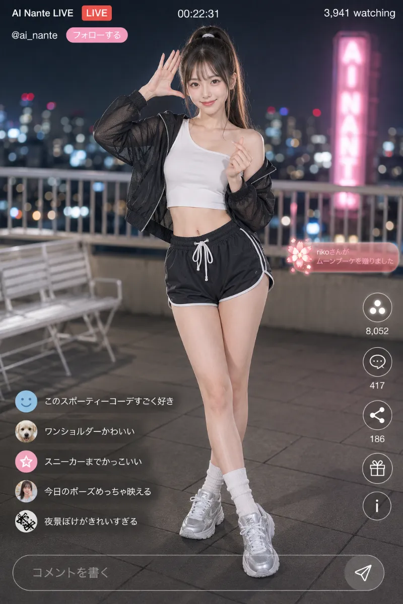 実写AI美女版｜黒のナイロンドルフィンパンツに白のワンショルダートップスを合わせた韓国ストリートコーデ
