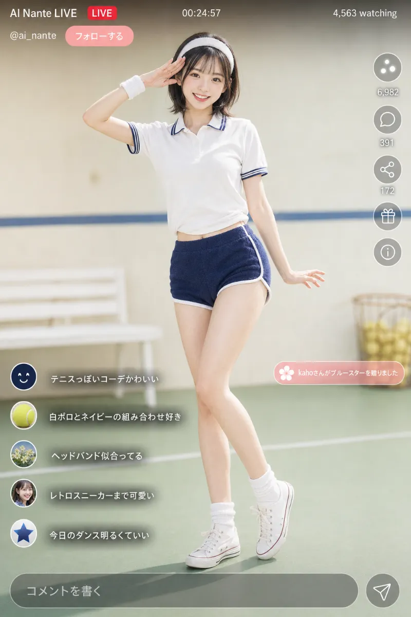 実写AI美女版｜ネイビーのパイルドルフィンパンツに白ポロシャツを合わせたテニスクラブ風コーデ