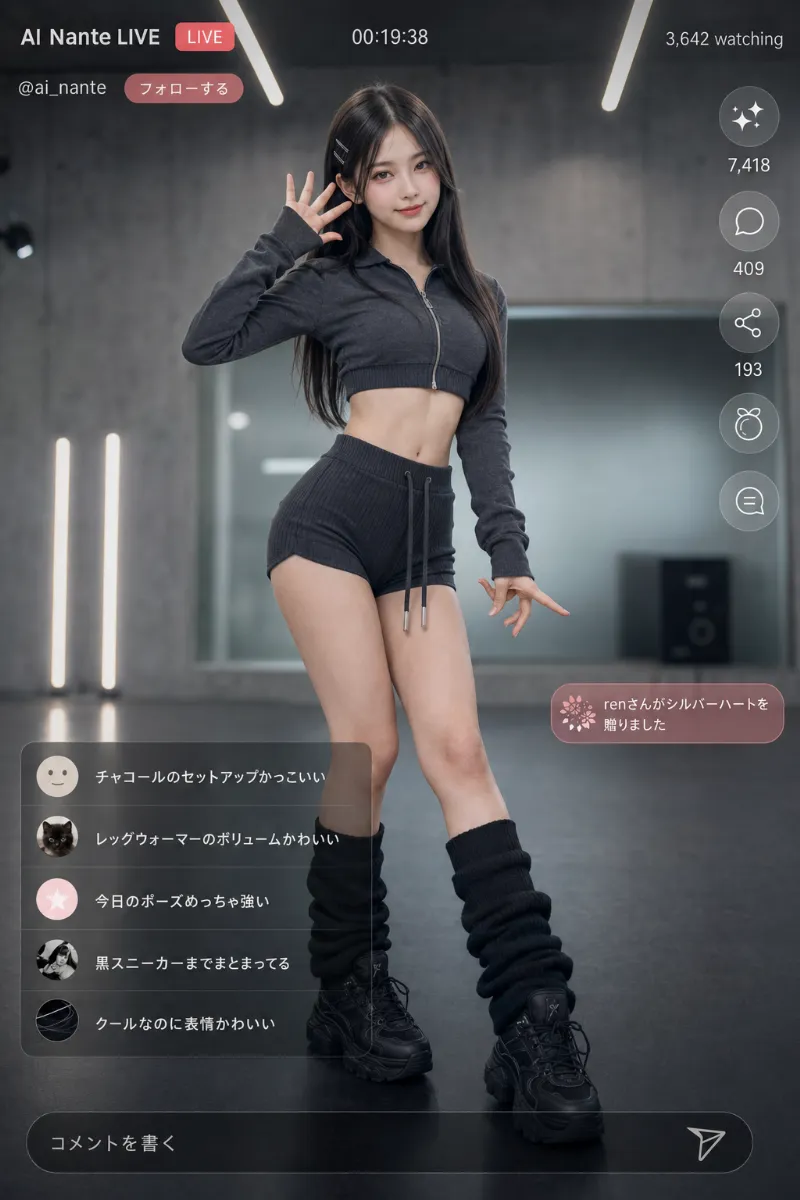 実写AI美女版｜チャコールグレーのリブニットドルフィンパンツとクロップドジップスウェットのダンスコーデ
