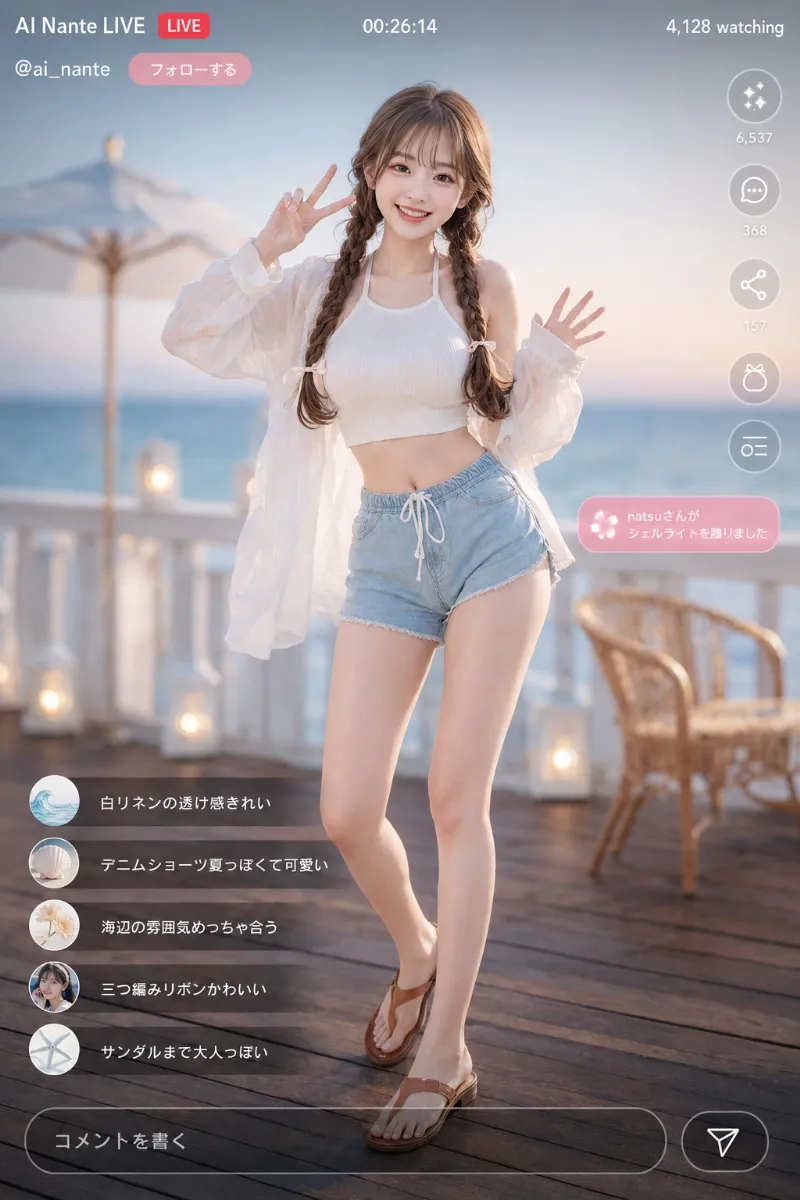 実写AI美女版｜ウォッシュブルーのデニムドルフィンパンツに白タンクトップを合わせた夏の海辺コーデ