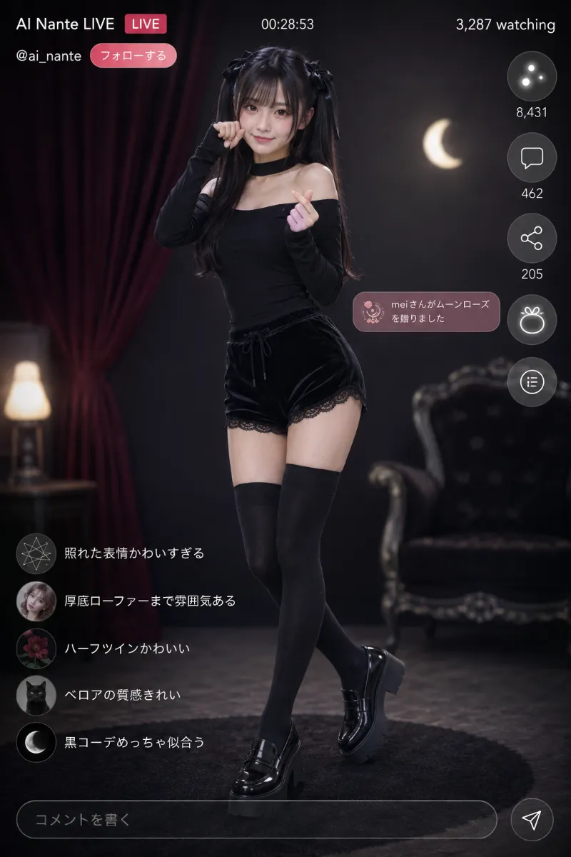 実写AI美女版｜黒のベロアドルフィンパンツに黒のオフショルトップスを合わせた闇かわギャルコーデ